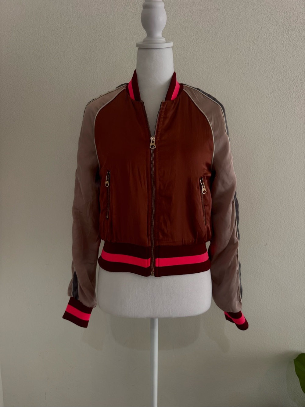 H&M Pink, Mauve and Grey Bomber Jacket with Pink Trim